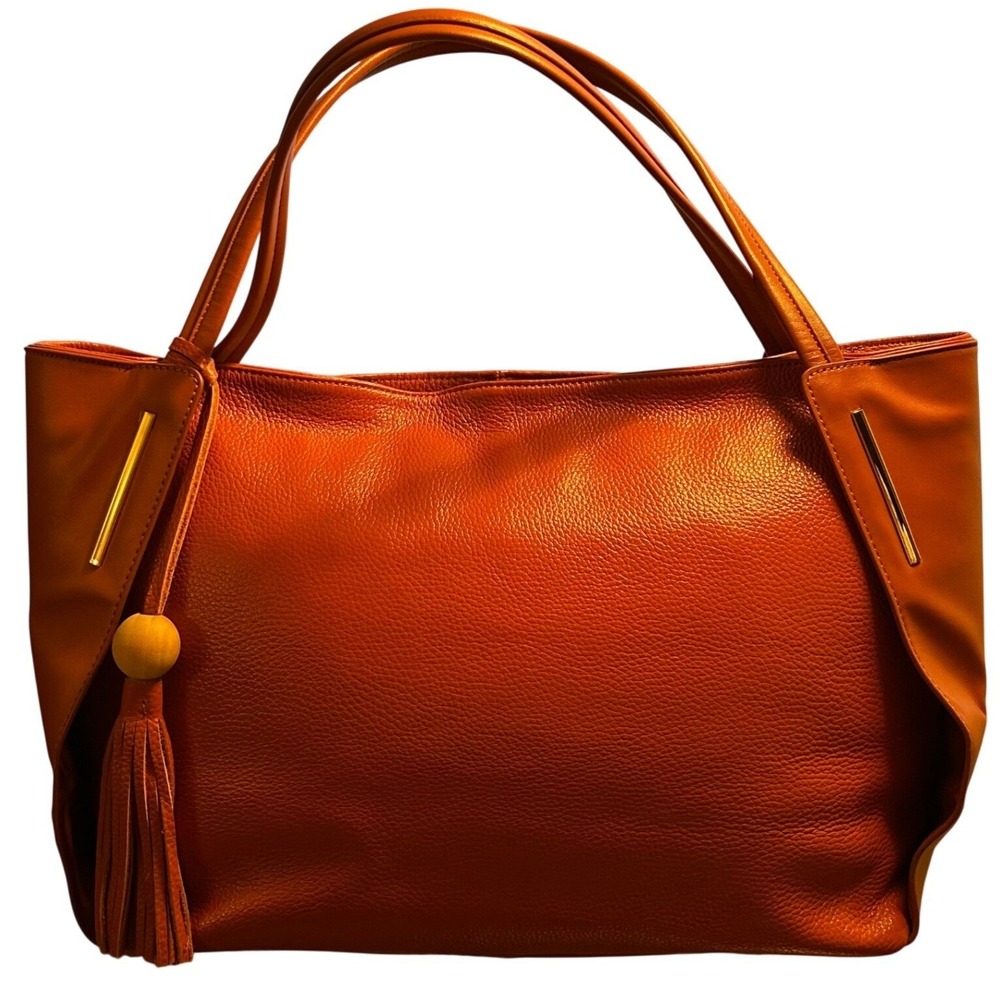 Kattee‎ Brown Pebbled Leather Bag Slouchy Tote Hobo Fringe Tassel Gold Accent